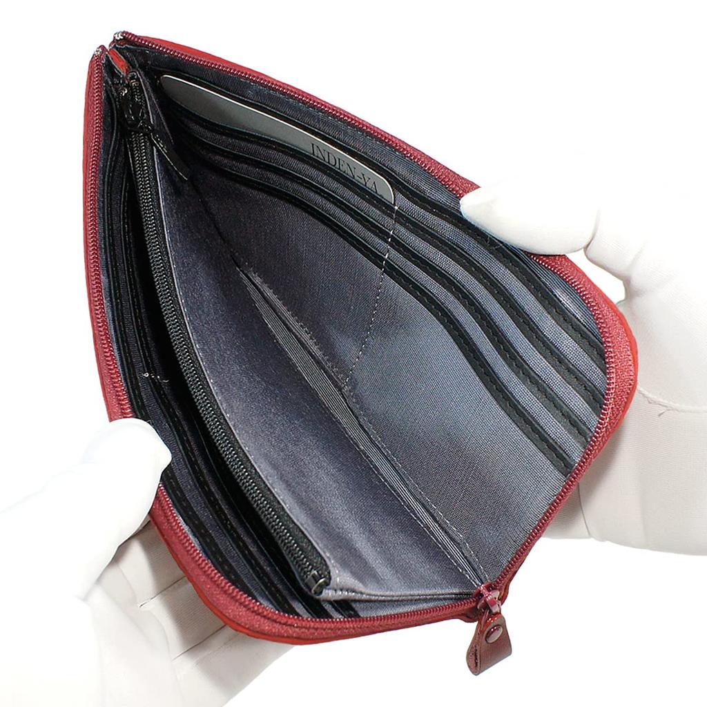 [Inden-ya] Inden Long Wallet, Treasure Case A, L-shaped Zipper, Deerskin, Red with White Lacquer, Diamond and Chrysanthemum Pattern, 2315-13-017