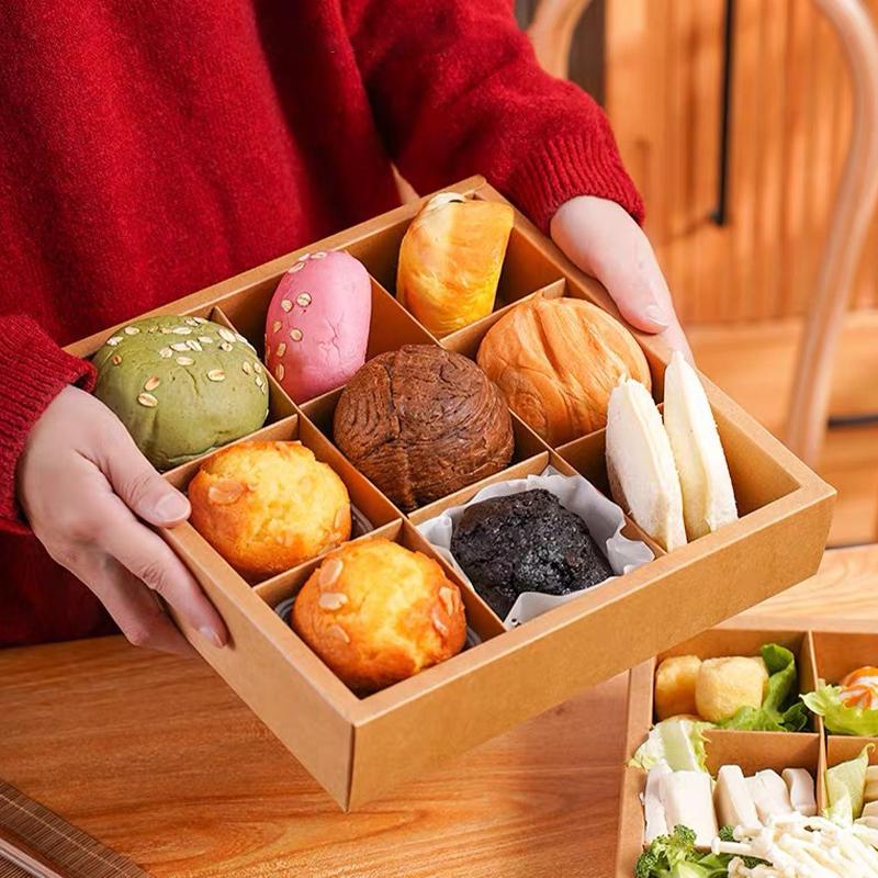 Nine-Square Grid Takeout Hot Pot Packaging Box Retro Kraft Paper Baking Dessert Cake Picnic Box
