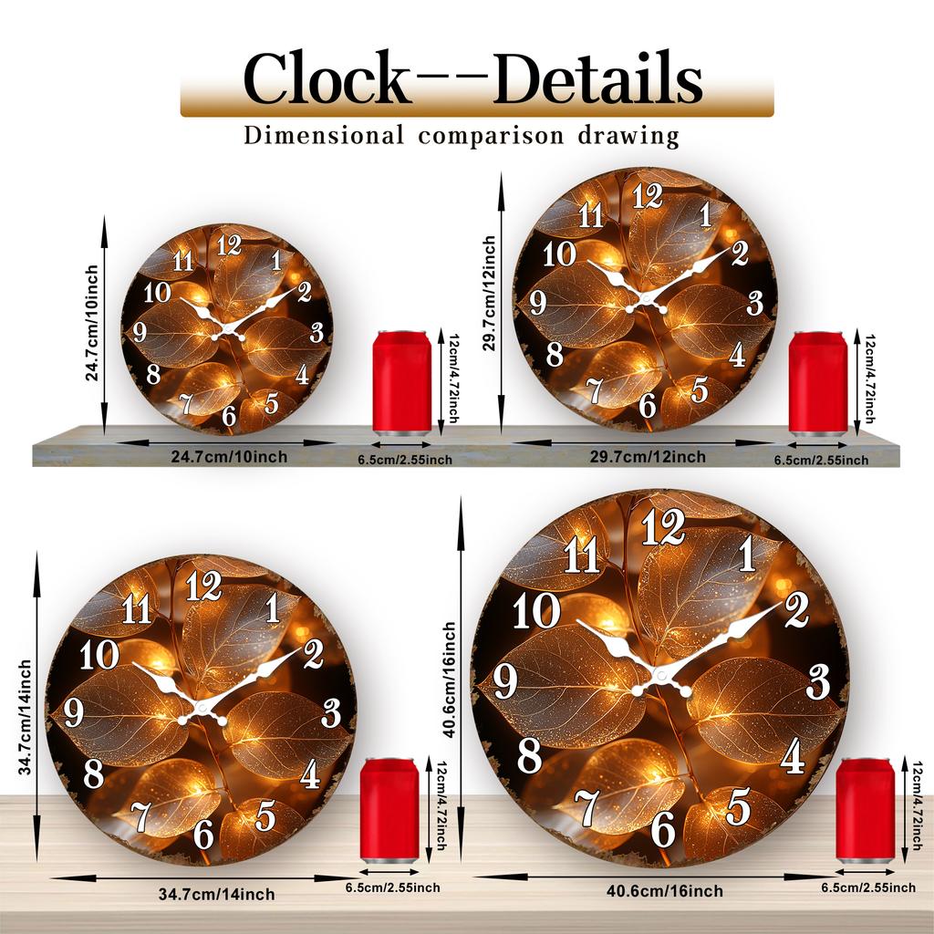 Golden Autumn Leaves Round Wall Clock: Warm Seasonal Decor for Fall-Inspired Interiors and Dining Rooms
