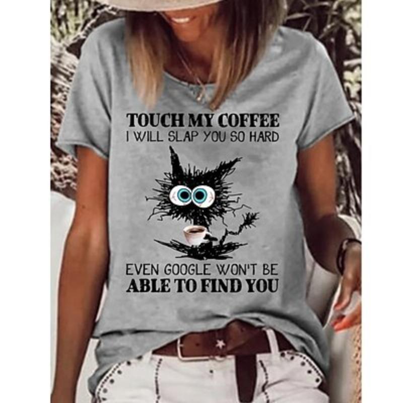 

Женская футболка Кот Буквы Текст Базовая Короткий рукав Круглый вырез Обычный Топы Повседневная Выходная Принт Белый Розовый Лето 3XL