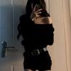 [With Belt] Spice Girl One-word Shoulder Long-sleeved Short Dress, Women's Pure Desire To Wear Slim-fitting and Thin Temperament Short Skirt