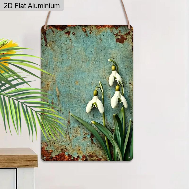 2D Flat 1pc Vintage Floral Aluminium Wall Art Sign Rustic Snowdrop Flowers 8x12 Aluminium Rustic Garden Home Decor Spring Floral Wall Decor