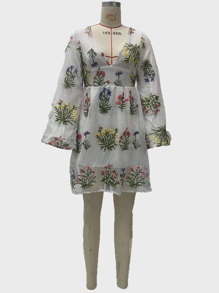 Rochie de zână cu mâneci felinar din plasă brodată pentru femei, Vara 2025, pentru petreceri de aniversare