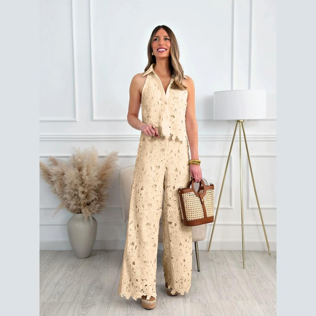 Summer French Summer Embroidered Hollow V-neck Vest Top + Wide-leg Straight Trousers Suit