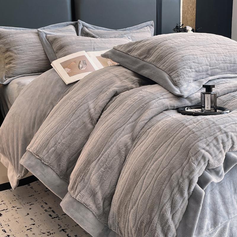Light Luxury Simple Rabbit Fleece Four-Piece Set Solid Color Thickened Milk Fleece Bedding Mattress Quilt Cover