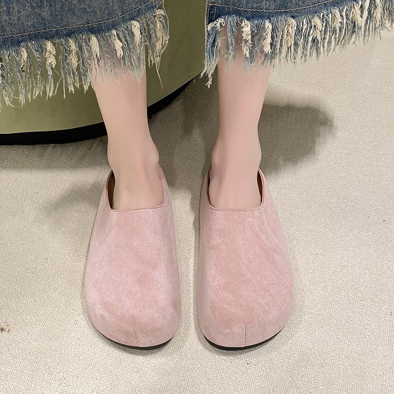 Baotou Mid-heel Flat Shoes New Summer Round Head Deep Mouth Suede Soft Sole Anti-slip Wear-resistant Slippers