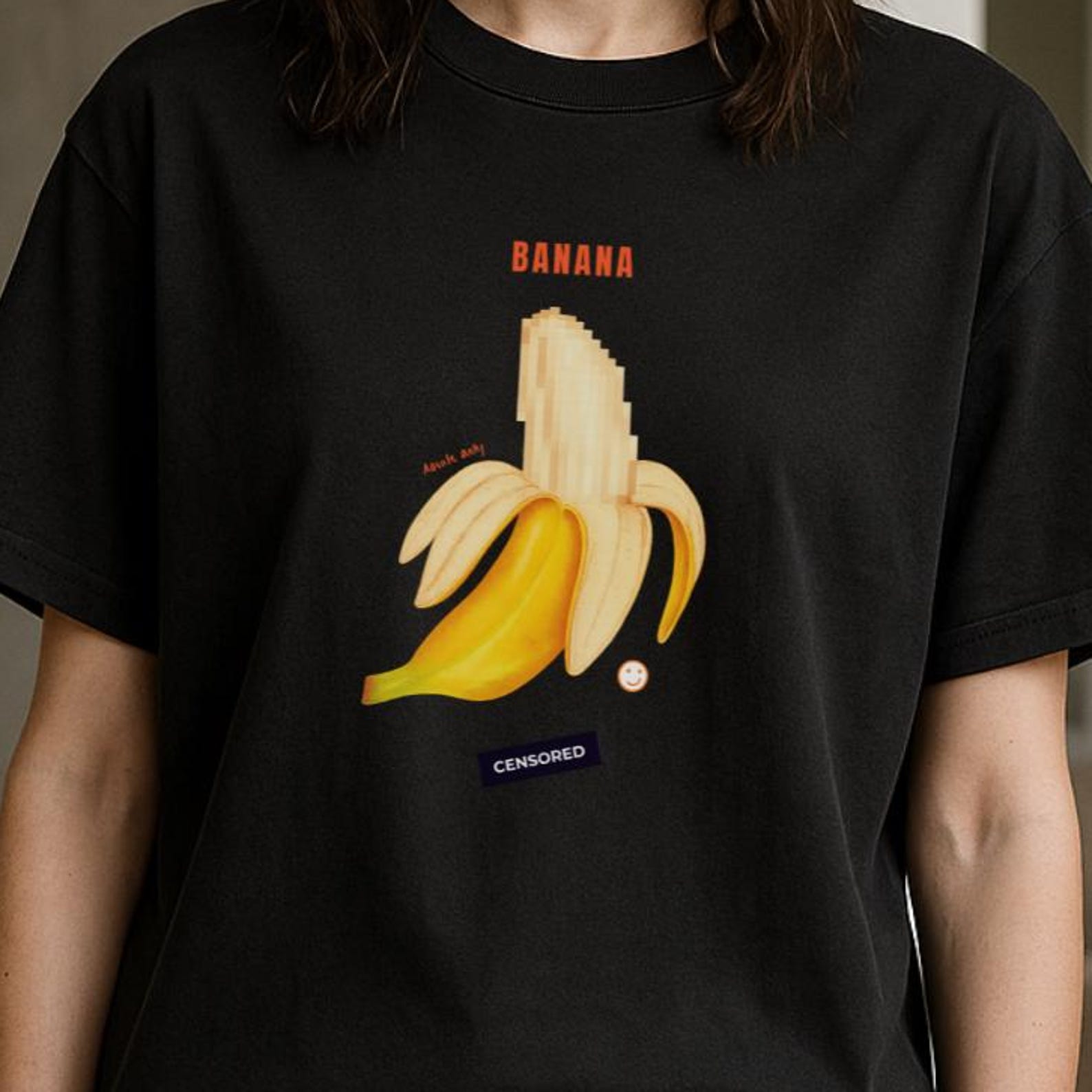 Funny Censored Banana Graphic T-Shirt: Quirky Pop Art Novelty Tee M