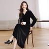 Genuine Velvet V-Neck Slim Long Dress for Women - French Chic Style