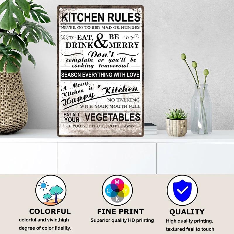 Retro Plåtskylt Köksregler Mat Järnmålning Väggkonst Metall Vintage Plakett Metallaffischer för Hus Hem Matsal Dekor
