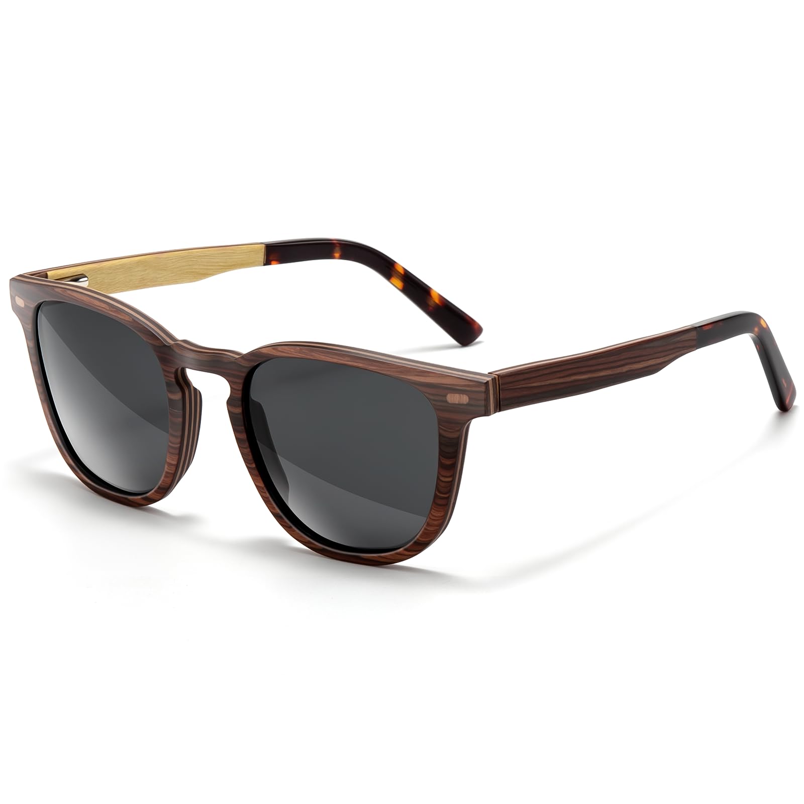 

[SUNGAIT] Men s Vintage Wood Sunglasses, Square Shape, Polarized, Wooden Sunglasses with Case (Rosewood FrameGray Lenses)