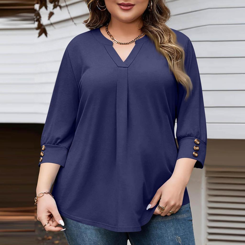 Women's Fashionable Casual Plus-Size V-Neck Button-Down Short-Sleeve Top