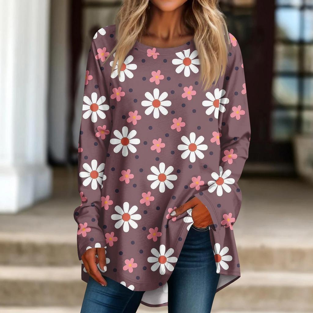 Naiste vabaaja plusssuuruses pikkade varrukatega ümmarguse trükitud T-särgi top pullover