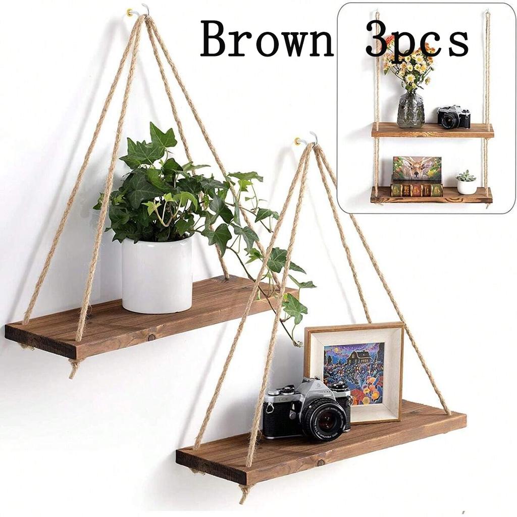 1/3pc Wood Swing Hanging Rope Wall Mounted Floating Shelves Home Living Room Wall Shelf Sundries Storage Outdoor Garden Decor