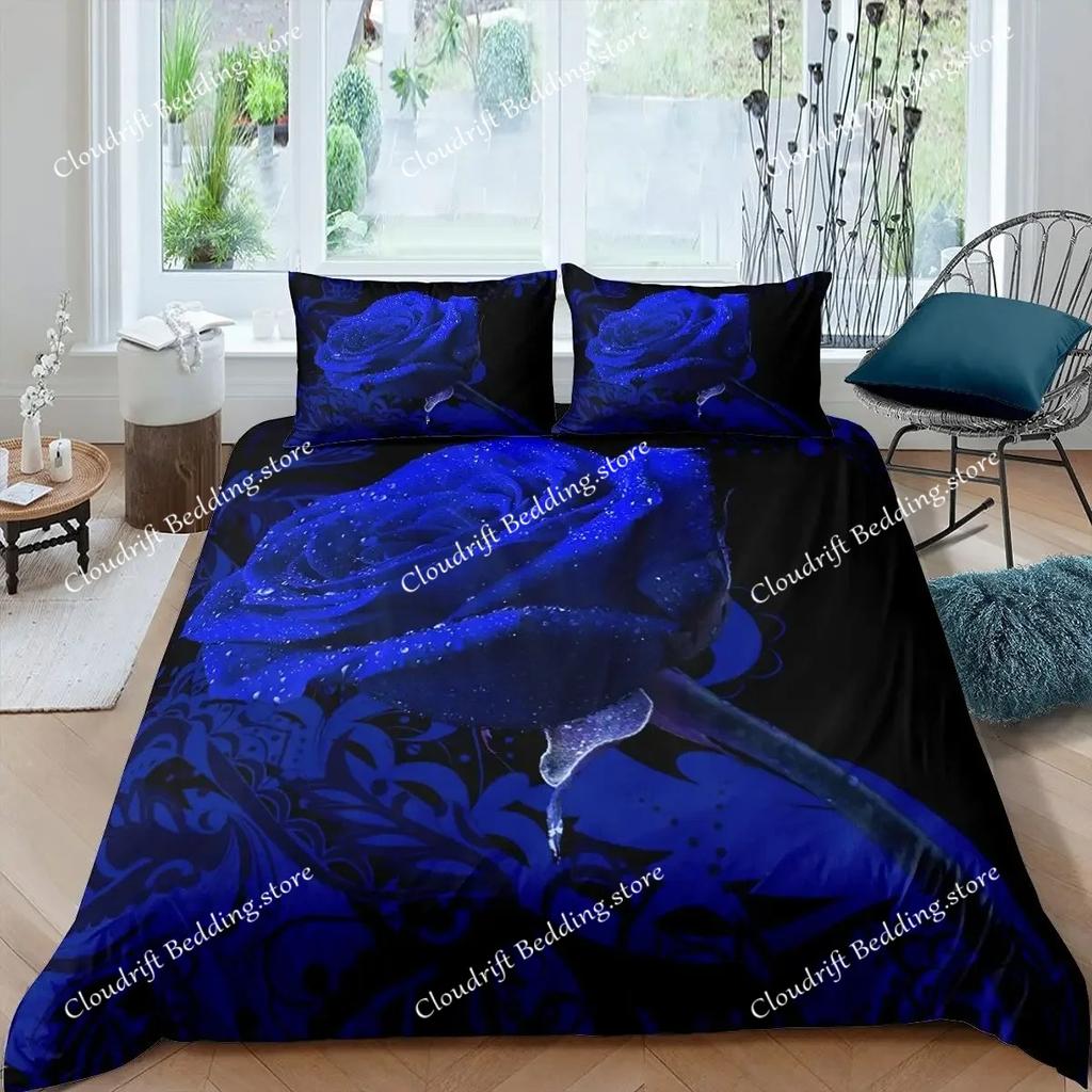 Juego de ropa de cama con diseño floral de rosas azules para niños y niñas, tamaño queen, funda nórdica y funda de almohada, moda para niños y adultos, textiles para el hogar