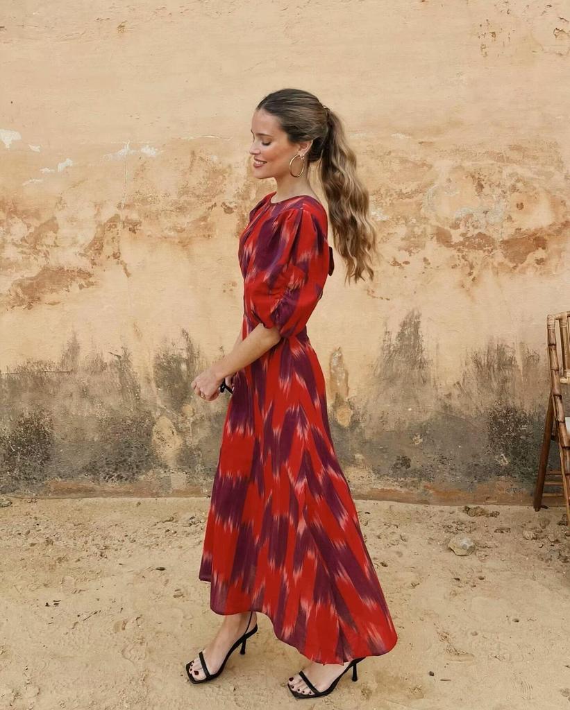 2024 Sommer Europäisches & Amerikanisches Damen Rundhals Bedrucktes Schnürkleid