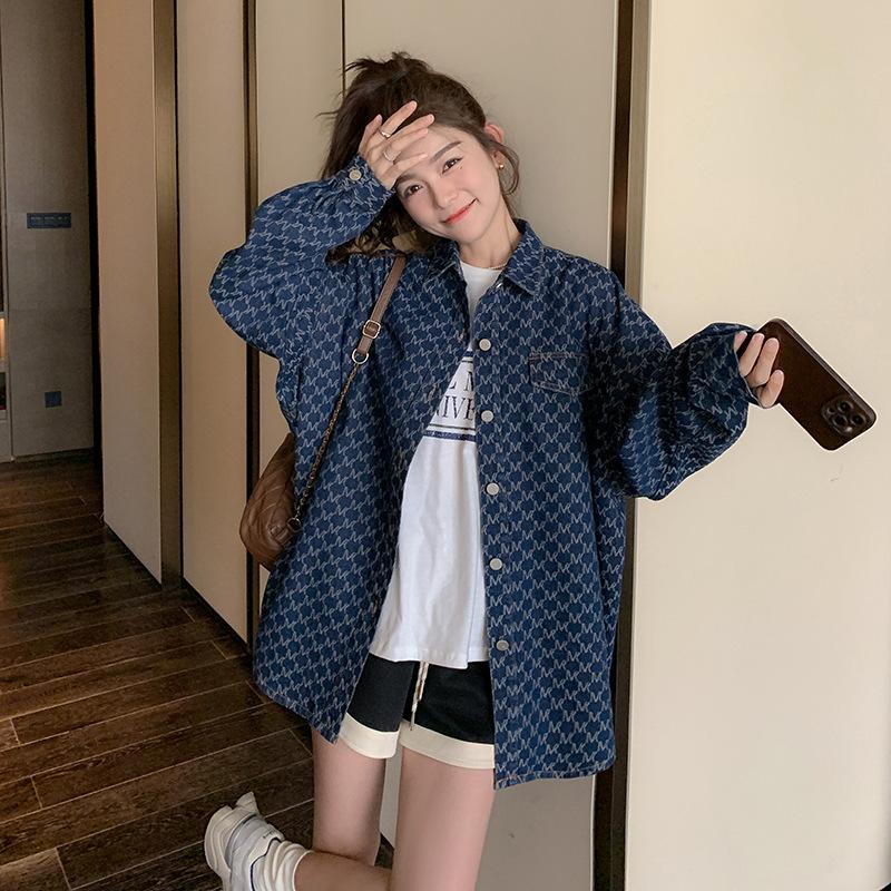 

Женская клетчатая джинсовая рубашка, женская рубашка средней длины, весенний стиль, свободный стиль XL