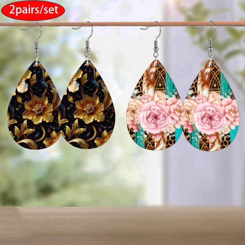 Vintage Style Golden & Pink Flower Pattern PU Leather Earrings for Women Elegant Earrings Birthday Gifts Mother's Day Gifts Christmas Gifts