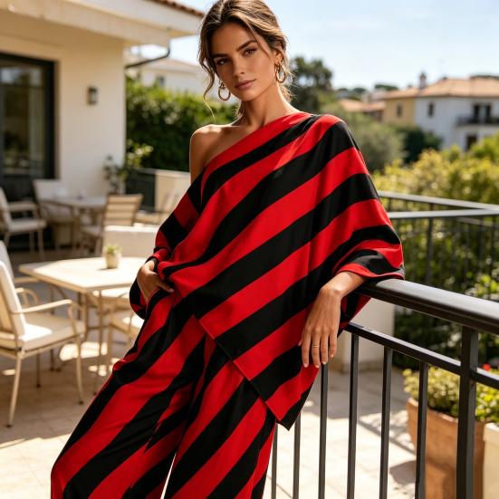 Damen gestreifte 2-teilige Sets Lässiges One-Shoulder-Langarmtop und Hose passendes Set Sommer Lässige Urlaubs-Loungewear Outfits