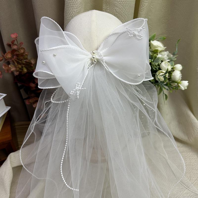 Elegante Velo da Sposa con Doppio Fiocco: Squisito Tocco di Pizzo Per il Tuo Velo da Sposa con Fermaglio Bianco Sacro per Acconciatura da Sposa
