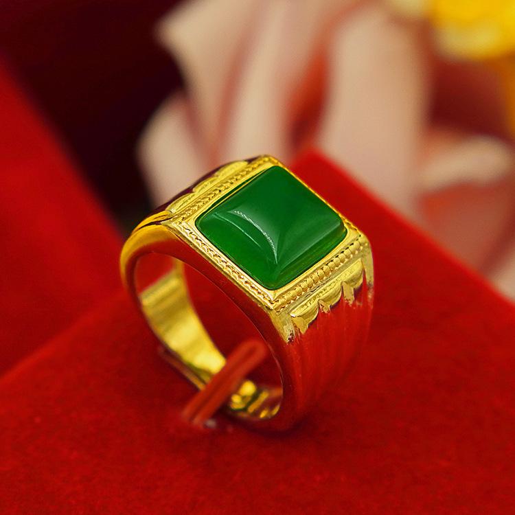 Men's Gold-Plated Brass Ring with Obsidian Sand and Agate
