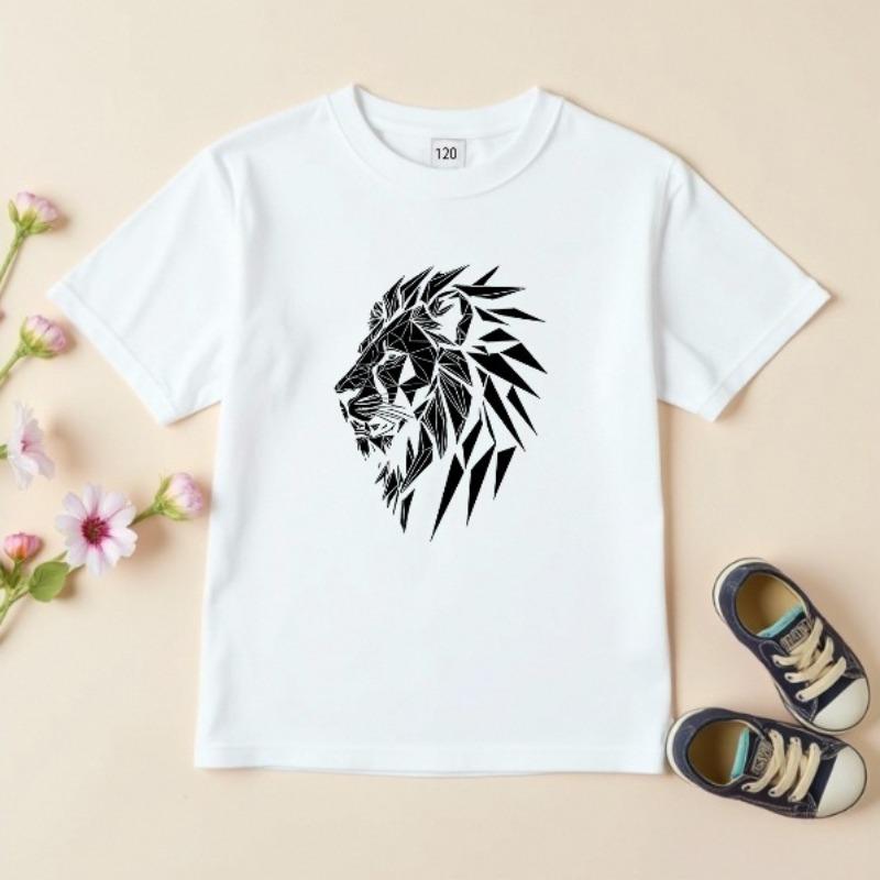 Kids Geometric Lion Head Print Crewneck Breathable Summer Short Sleeve Tee 110