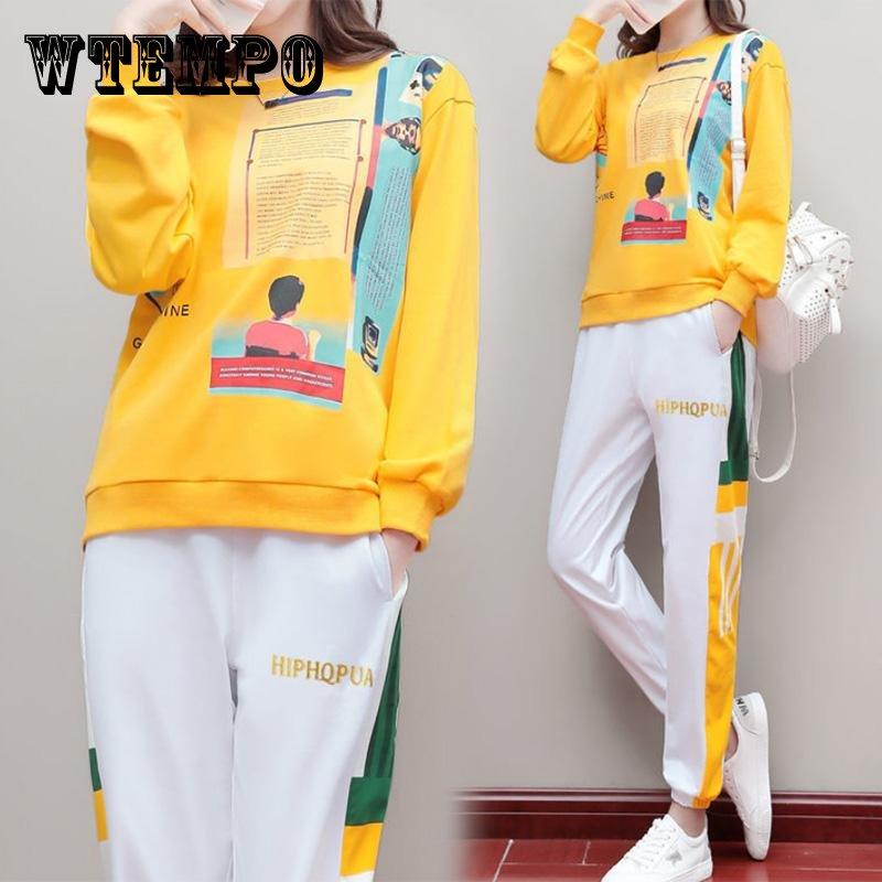 

Костюм на весну и осень, свитер, повседневный спортивный костюм с длинными рукавами, женские модные спортивные штаны большого размера, модные из двух частей