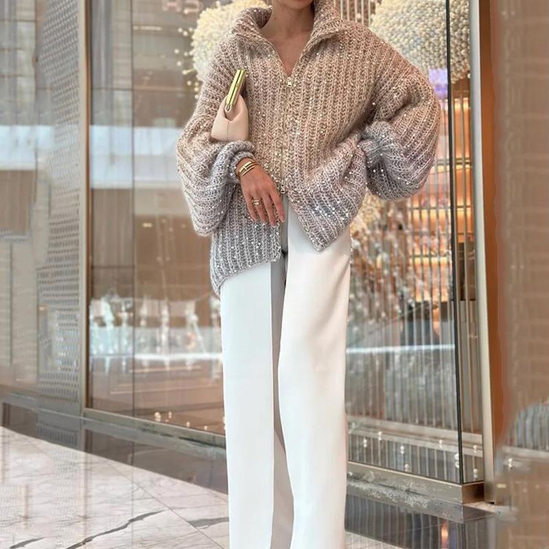 Women's Hooded V Neck Knit Sweater Loose Fit Lazy Style Sequin Embellished Long Sleeve Pullover Jumper For Autumn Winter