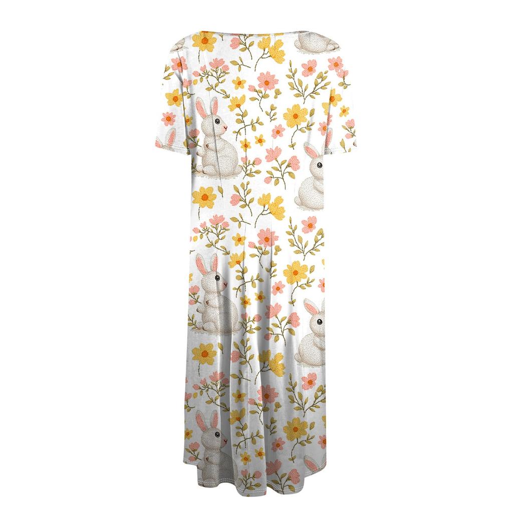 Women's Loose Casual And Fashionable Round Neck Short Sleeved Printed Mid Length Dress