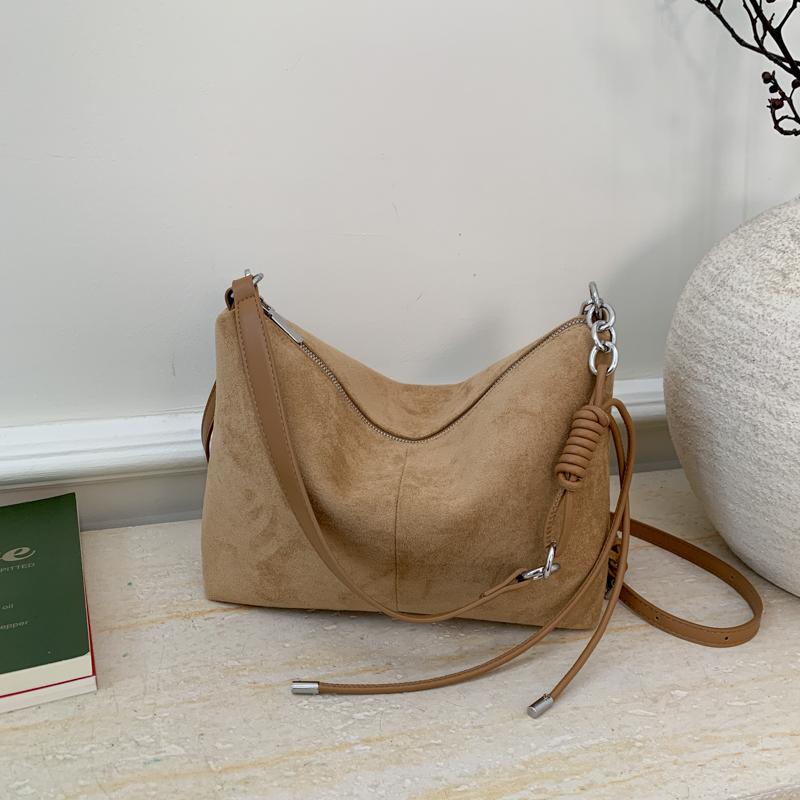 Retro Commuting Suede Shoulder Bag Women's Large Capacity Zipper Crossbody Pack Autumn Winter Trendy Square Khaki Handbags