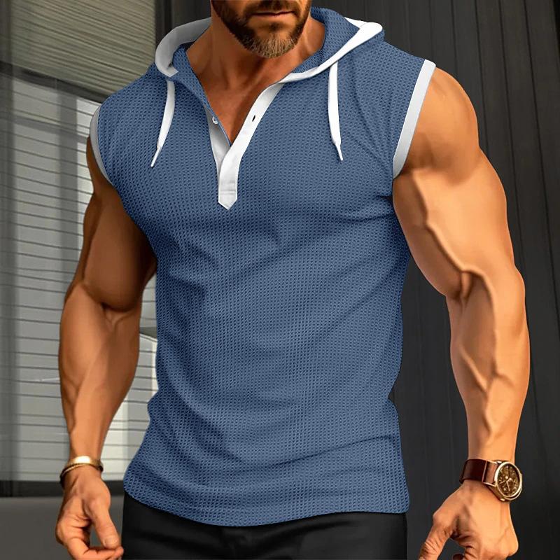 Henley Canotte da Uomo Tinta Unita Senza Maniche da Allenamento con Cappuccio Camicia Estiva con Scollo a V Abbottonata T-shirt da Ginnastica con Cappuccio Attive per Uomo T-shirt Senza Maniche in Maglia Waffle