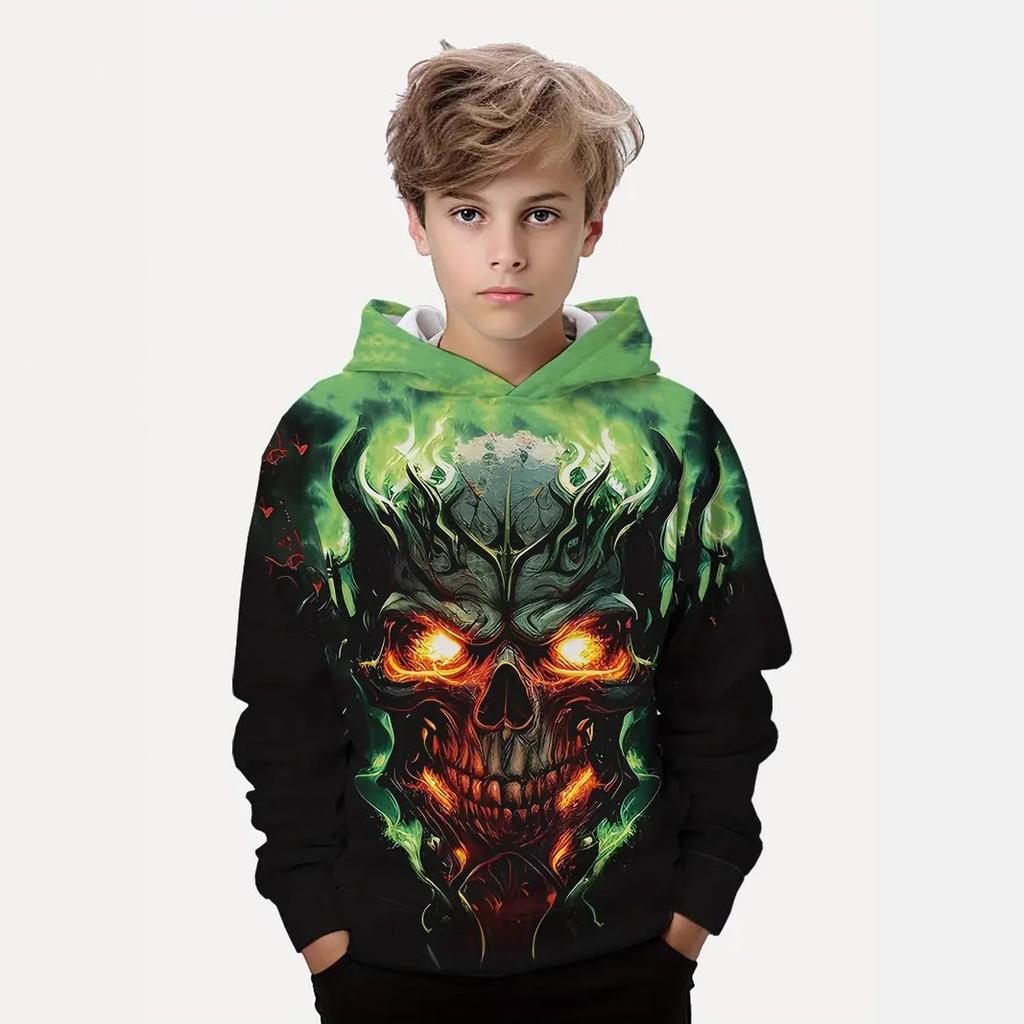 Autumn 3D Skull Printed Hoodies Fashionable Casual Sports Long Sleeved Children's Boy Hooded Sweatshirts