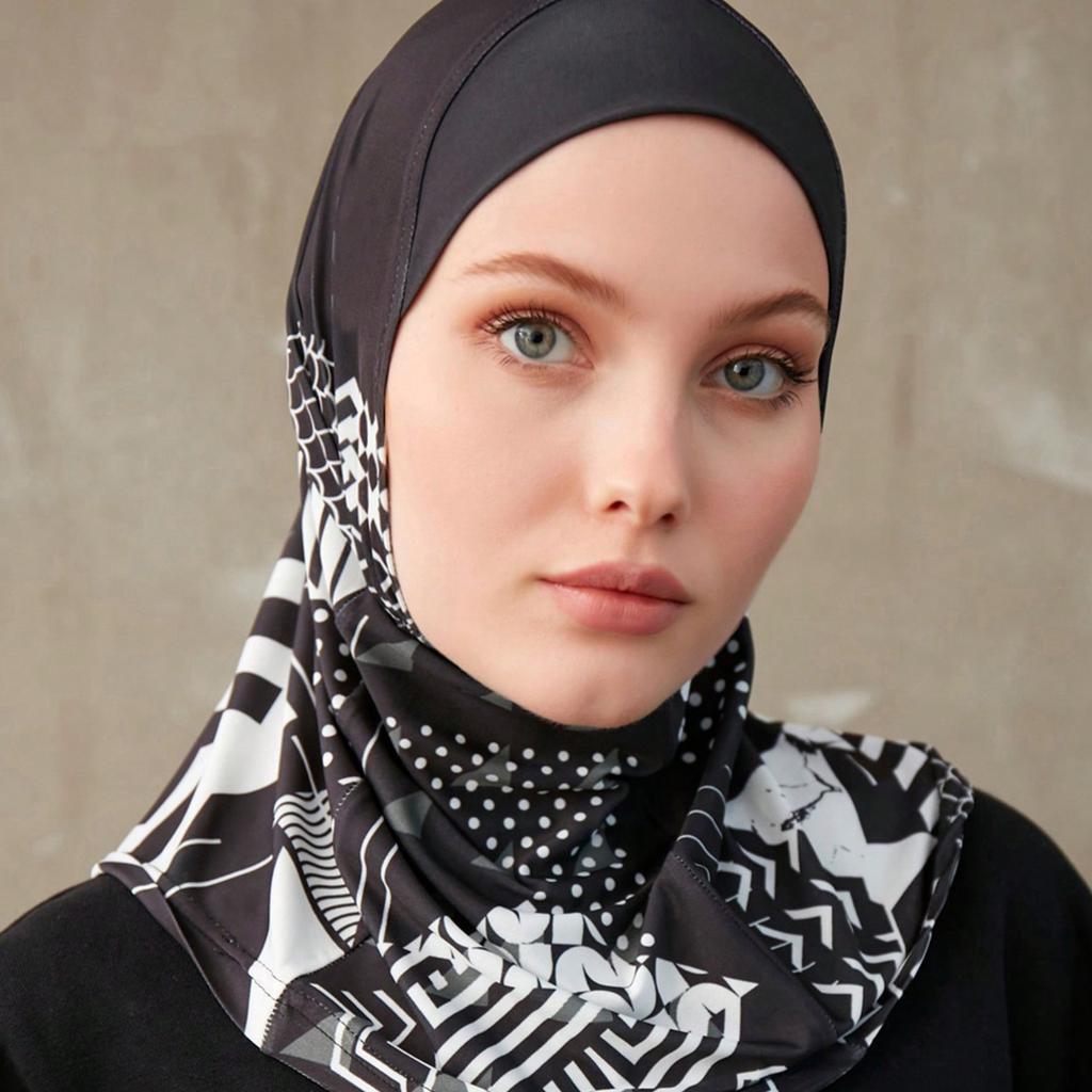 Sporty Muslim Inner Hijab Women Geometric Printing Pattern Instant Turban For Ladies Head Wrap Headband Header Model