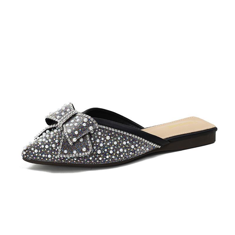 Paillette Bowknot Mules Woman Crystal&Beads Slippers Flats Low Heels Pantuflas Shoes Ladies Pointed Closed Toe Slides Flipflops
