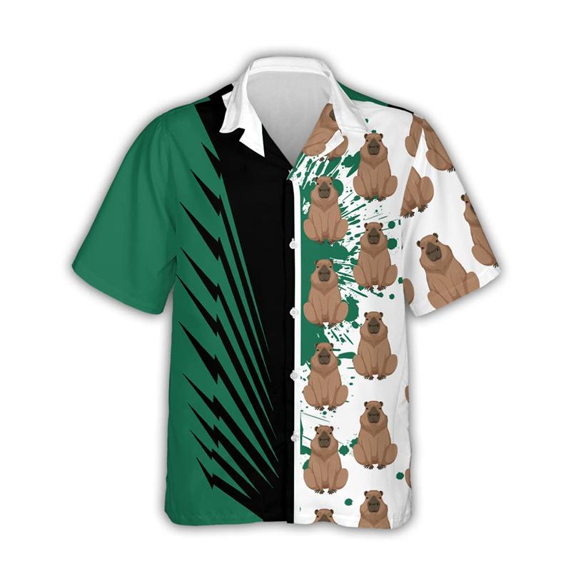 2024 Kawaii Capybara Graphic Shirts For Men Clothing 3D Print Hawaiian Beach Shirt Short Sleeve Y2k Cute Kids Tops Lapel Blouse