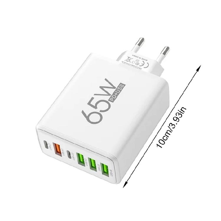 Double PD & 4 USB A Ports EU Plug Travel Plug Adapter 65W USB Wall Charger Rapid Charging Block for Phone Tablet