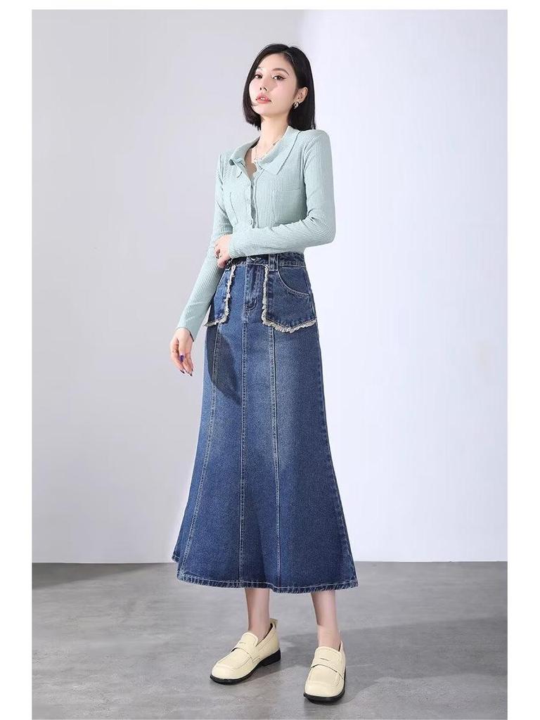 High Waist Tassel Raw Edge Denim A-Line Midi Skirt - Spring 2025 Collection