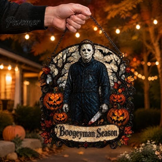 Porch Showcase Hanging Accents Halloween Decoration, 2D Michael Acrylic Suncatcher, Window Decor with Pumpkin Movie Fan Collection Gifts Tombstone,