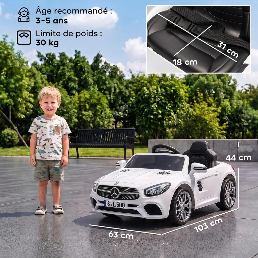 Electric Ride-On Car, 12V, Mercedes-Benz SL500, 3-5 km/h, 2 Motors, Remote, Ages 3-5, White