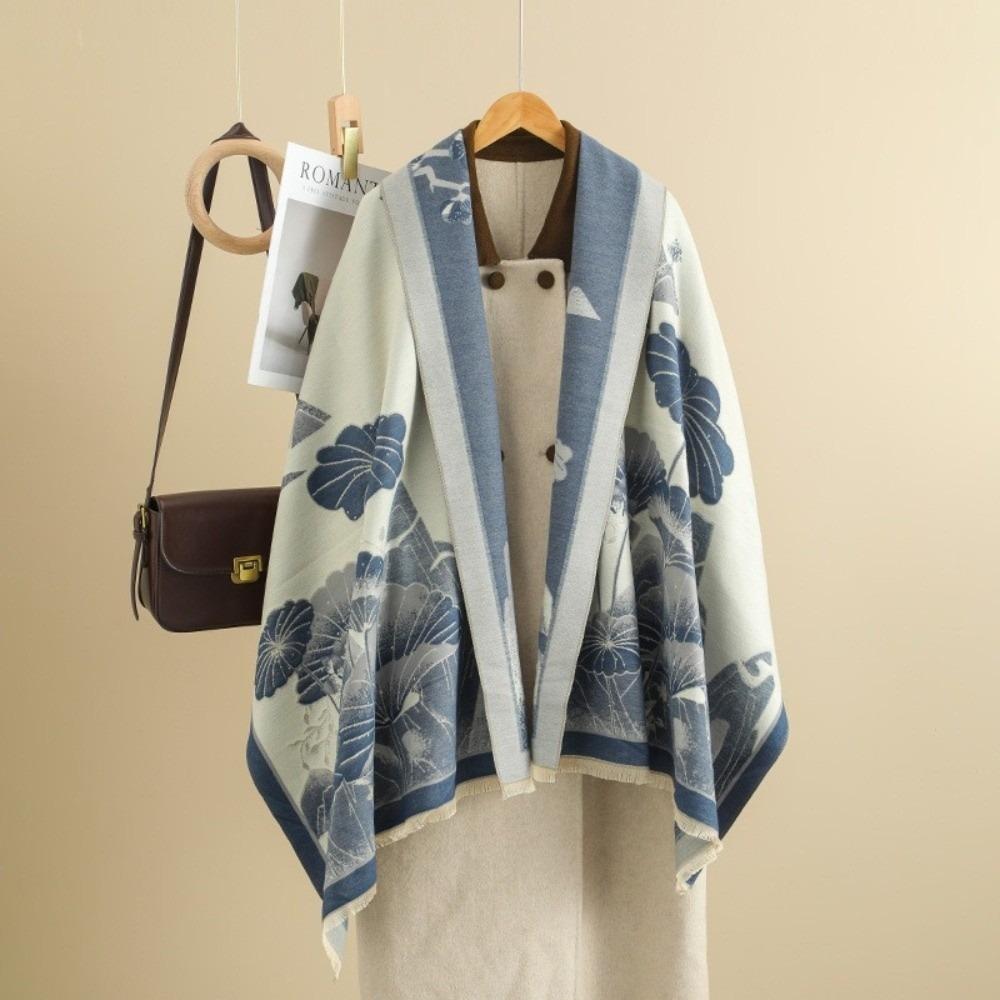Chinese Style Imitation Cashmere Scarf Double-sided Ink Painting Theme Pashmina Blanket Thick Warm Poncho Scarves Winter Season