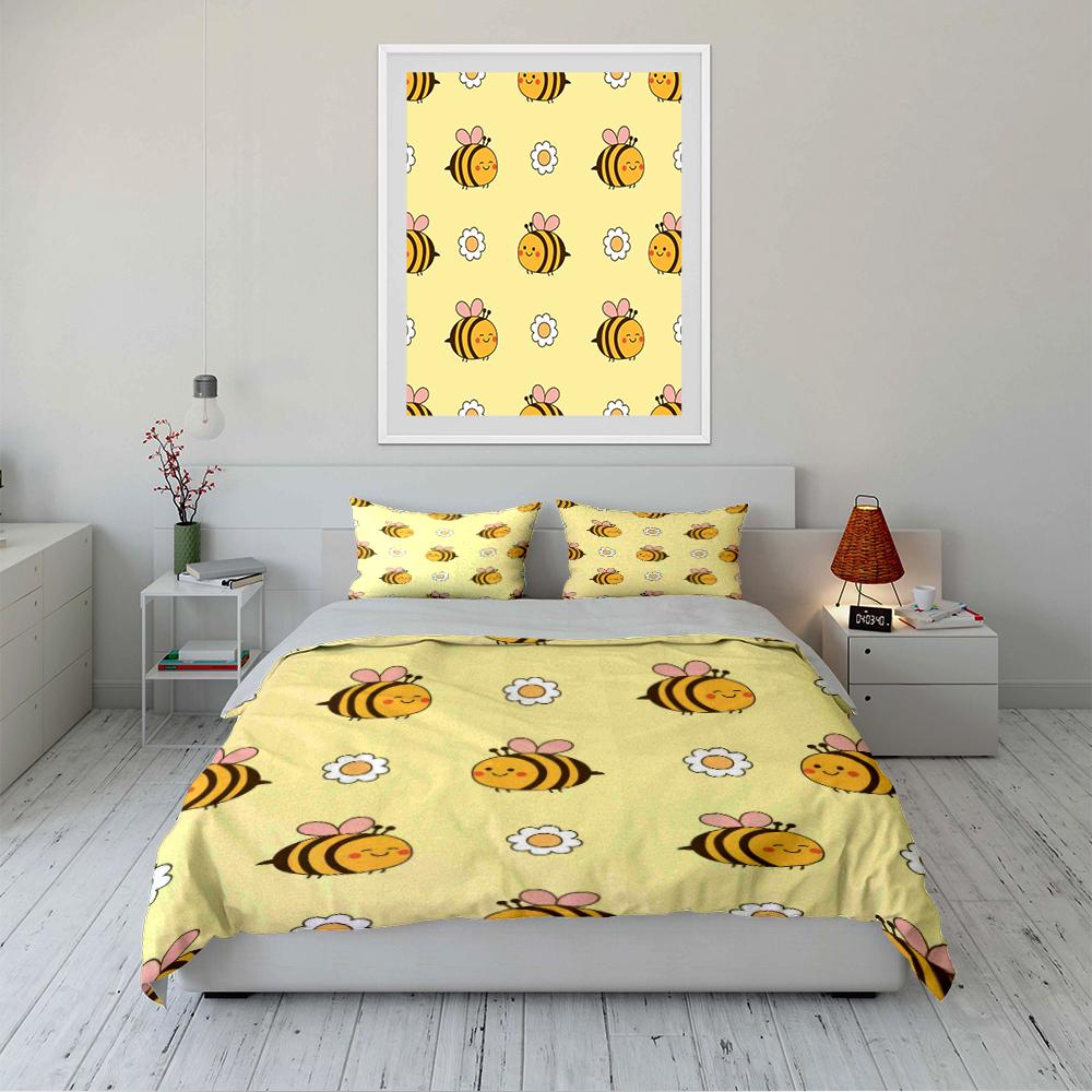 Süßes Cartoon-Bienen- und Gänseblümchen-Bettwäscheset Bettwäscheset (1 Bettbezug, 2 Kissenbezüge, Bettdecke nicht enthalten)