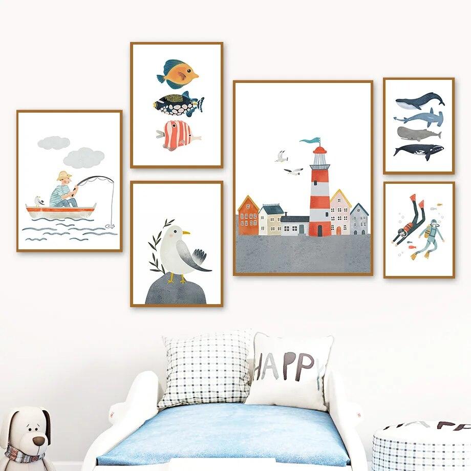Velero, faro, ballena, concha de gaviota, buzo, cuadro sobre lienzo para pared, carteles nórdicos e impresiones, imágenes de pared, decoración para habitación de niños