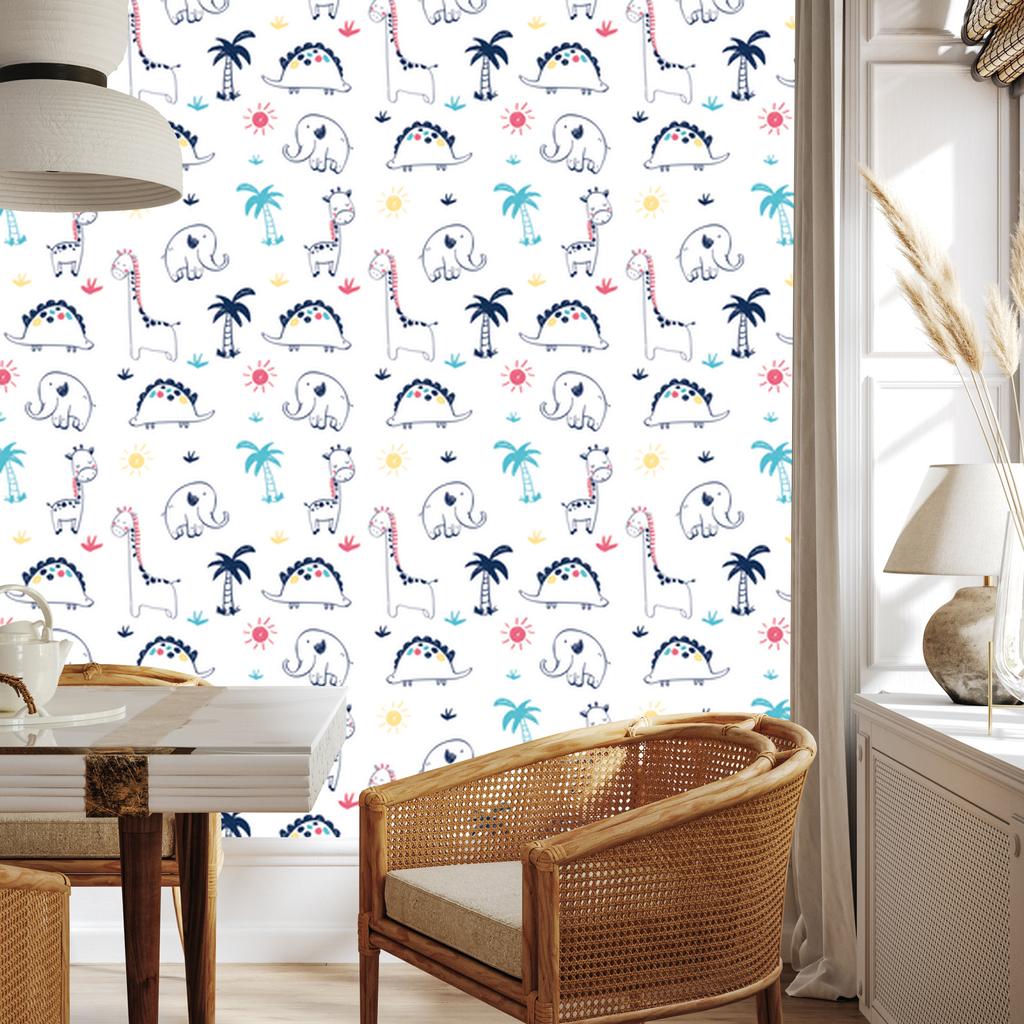 Wallpaper Dinosaurs palms plants sun for living room and bedroom 50x1000