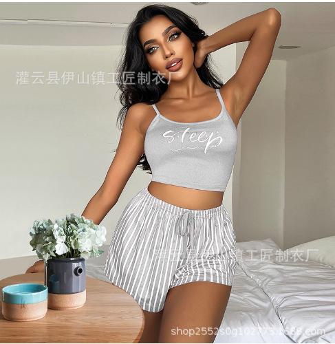 

New suspender women s drawstring shorts set, letter striped printed loungewear can be worn outside S серый