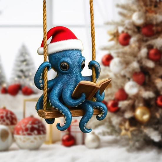Blue Octopus Reading Christmas Ornament Festive Sea Creature Decorative Hanging Home Office Party Decor