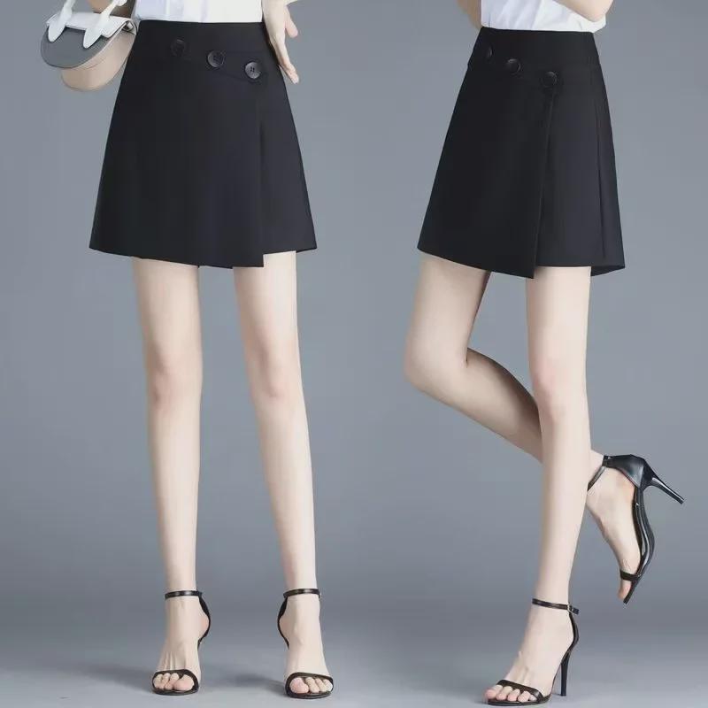 Women's High Waist Black Suit Shorts: Korean Style 2024 Spring/Autumn, Slim A-Line, Versatile, Loose Fit, Wide Leg.