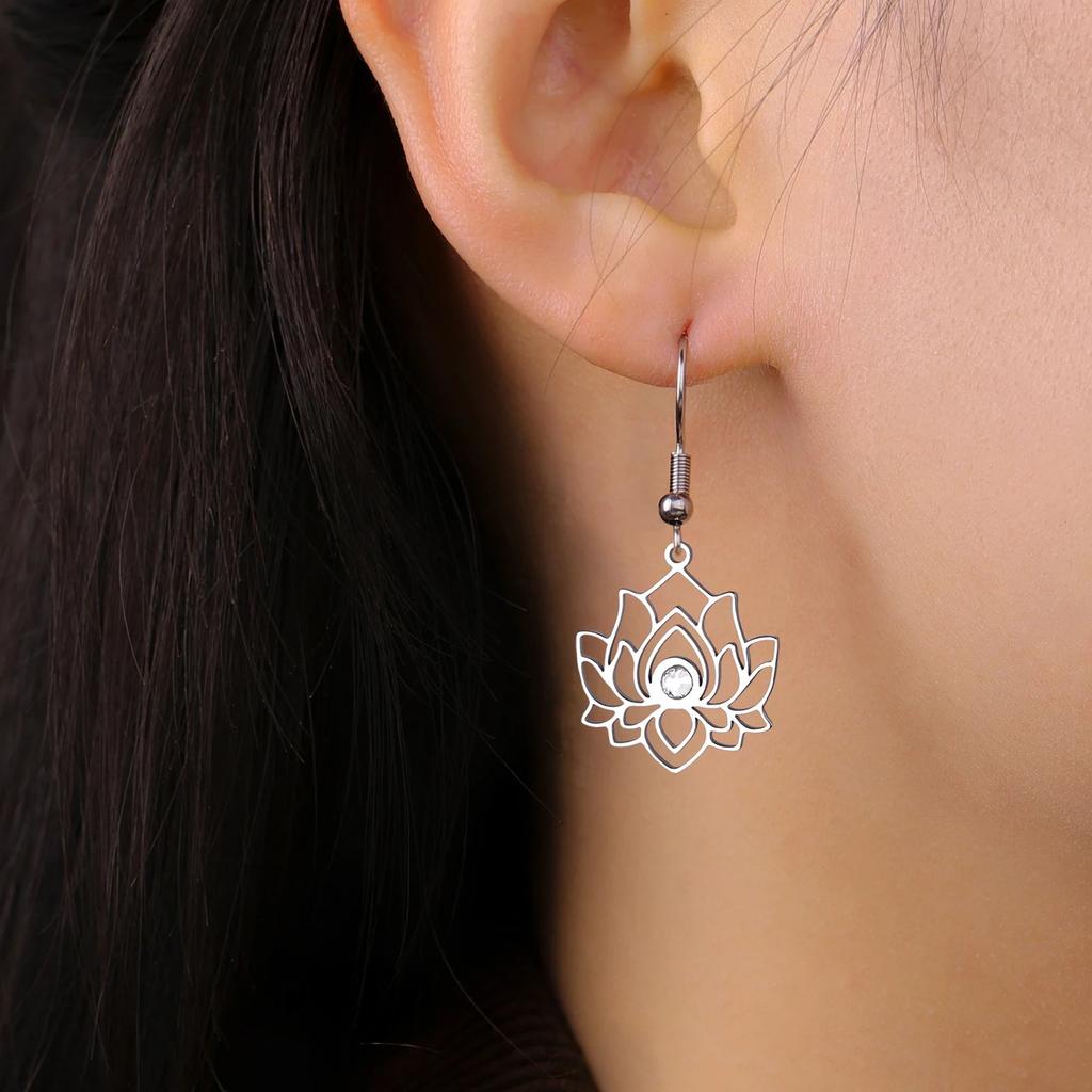 Teamer Buddhist Lotus Flower Women's Earrings Stainless Steel with Clear Zircon Dangle Earrings Yoga Amulet Vintage Jewelry