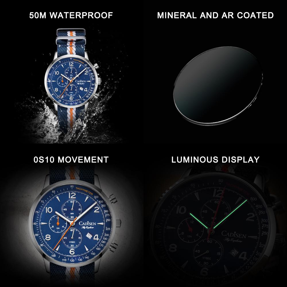 Cadisen Multifunctional Three-eye Six-pin Men's Quartz Watch OS10 Quartz Movement Fashion Casual Quartz Watch