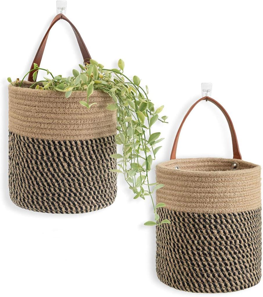 Goodpick 2pack Jute Hanging Basket - Small Woven Fern Hanging Rope Basket Flower Plants Wall Basket Decor Set Boho, 7.87 X 7 X 11.7 Inches