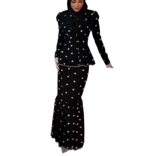 2026 Spring Cross-border European and American Women's Clothing Black Floral Waist Long-sleeved Top Fishtail Waist Thin Skirt 