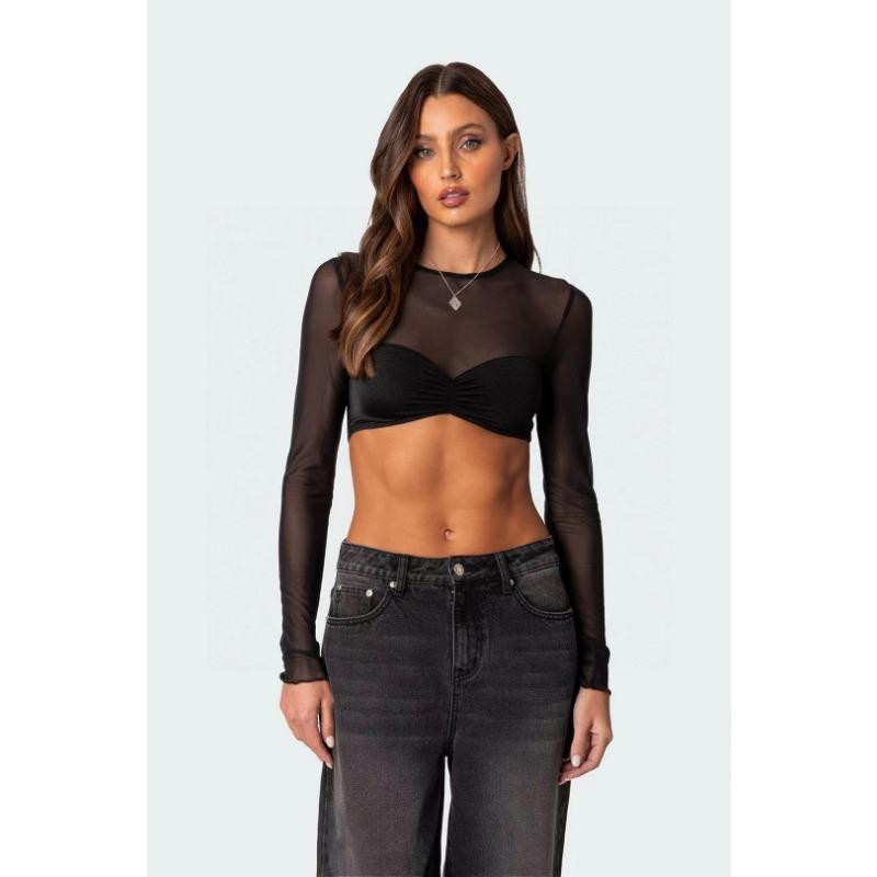 

Сексуальная мода прозрачная сетчатая женская короткая футболка новая элегантная круглая горловина Y2K Street Exposed Navel короткая женская футболка облегающая повседневная футболка 2435 L чёрный